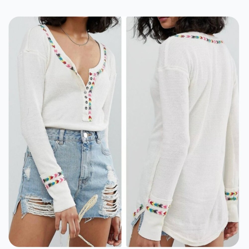 Free People Thermal Henley in Cream + Rainbow Chevron